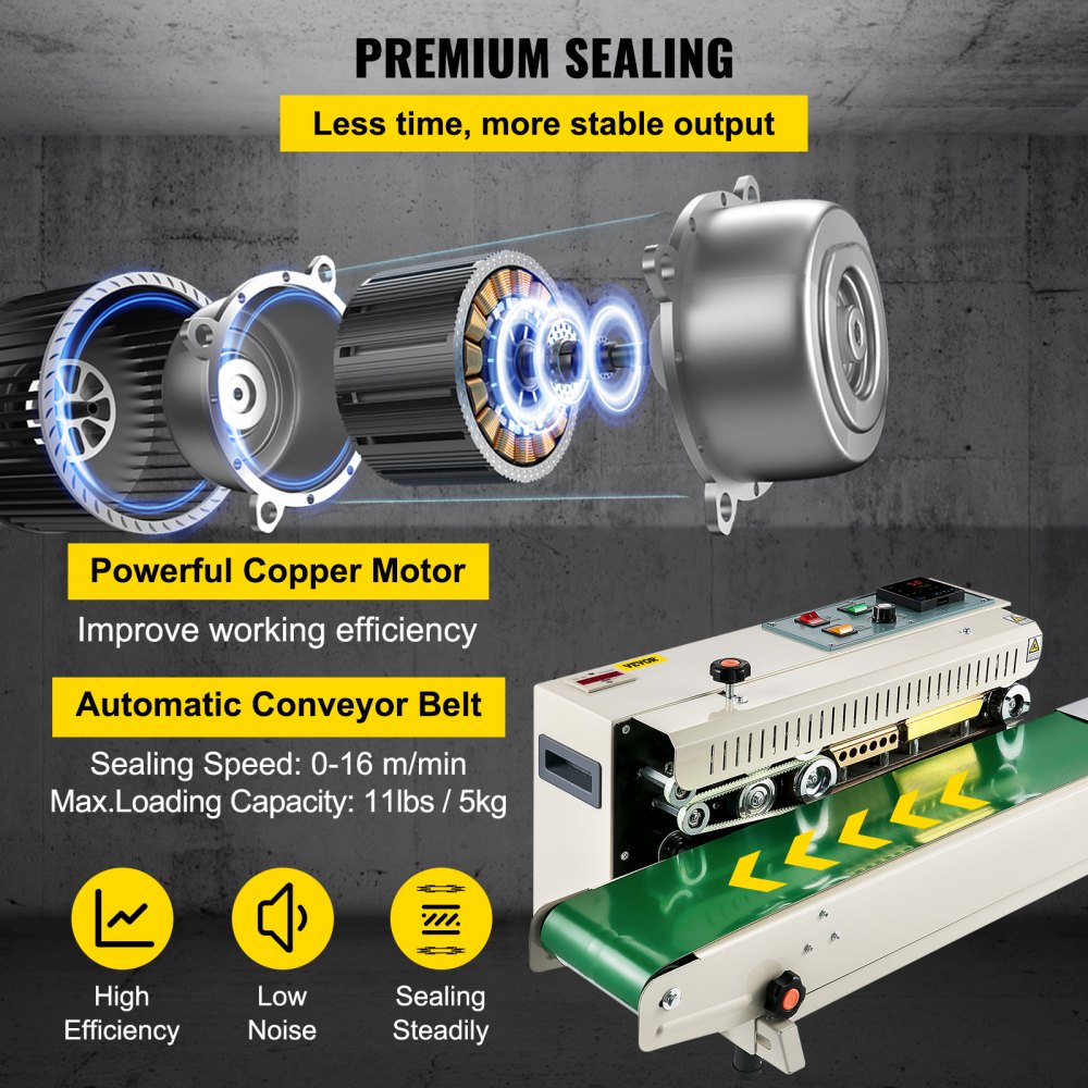 VEVOR Continuous Bag Band Sealing Machine FR900K Band Sealer Machine with Digital Temperature Control Horizontal Bag Sealer for 0.02-0.08 mm Plastic Bags Continuous Band Sealer w/ Printing Function 