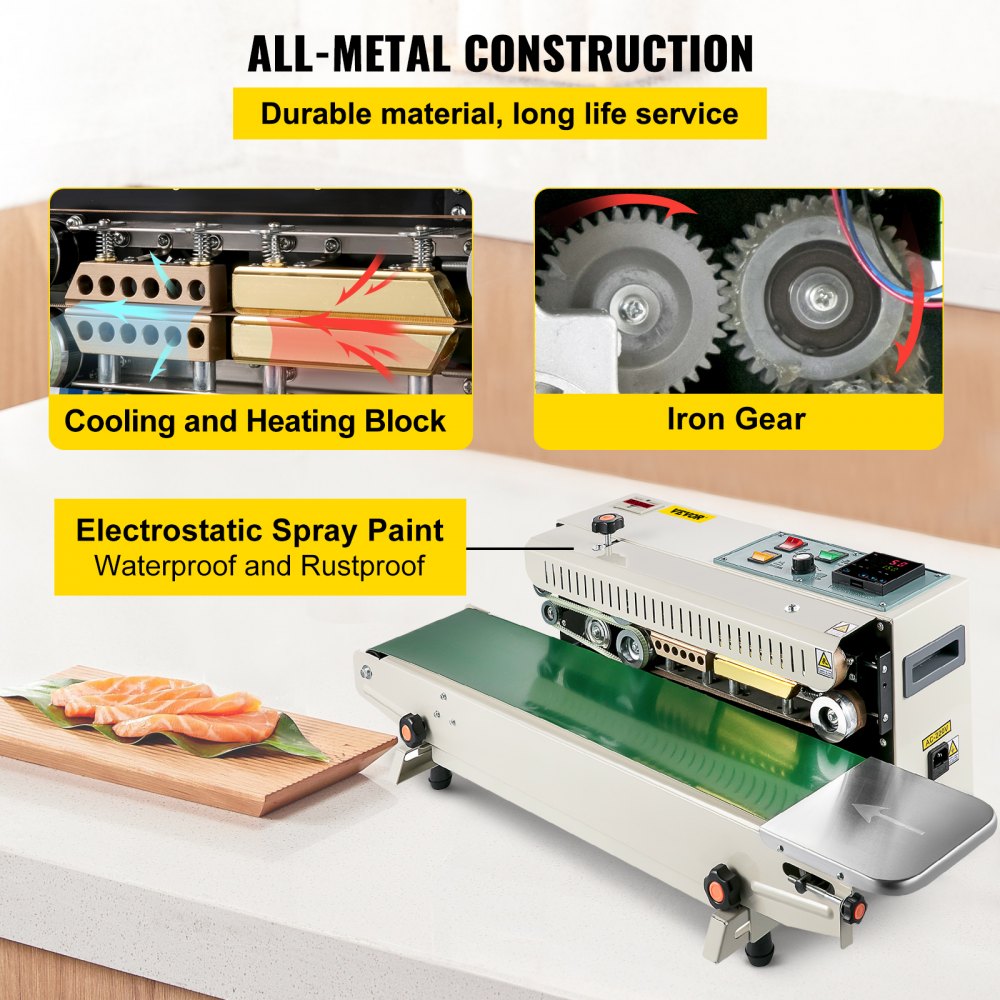 VEVOR Continuous Bag Band Sealing Machine FR900K Band Sealer Machine with Digital Temperature Control Horizontal Bag Sealer for 0.02-0.08 mm Plastic Bags Continuous Band Sealer w/ Printing Function 