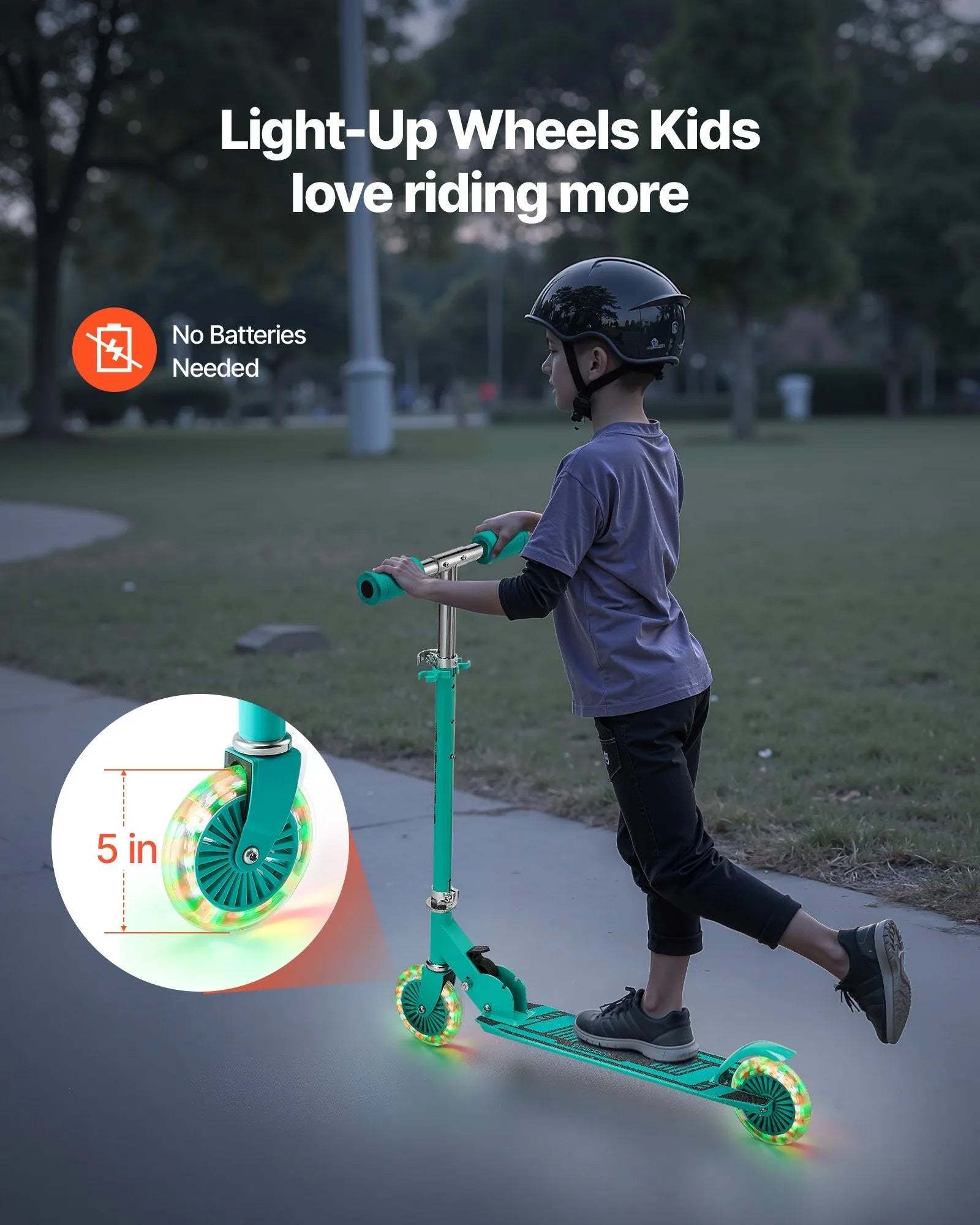 VEVOR Kick Scooter for Kids Ages 3+, 2-Wheel Toddler Scooter with Light-Up Wheels, Adjustable Height Handlebar, Wide Anti-Slip Deck, Foldable Lightweight Frame for Boys & Girls up to 110 lbs, Green 