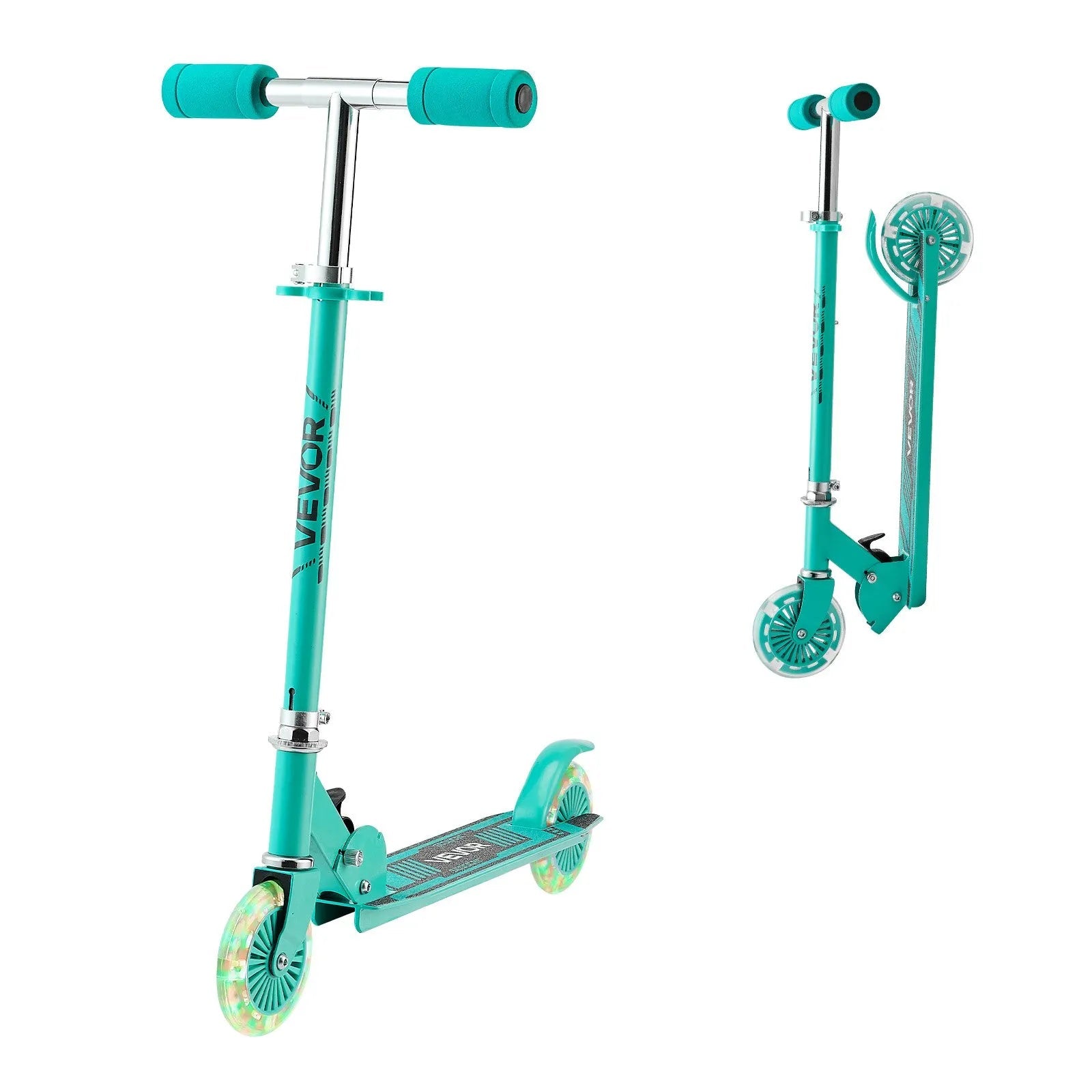 VEVOR Kick Scooter for Kids Ages 3+, 2-Wheel Toddler Scooter with Light-Up Wheels, Adjustable Height Handlebar, Wide Anti-Slip Deck, Foldable Lightweight Frame for Boys & Girls up to 110 lbs, Green 