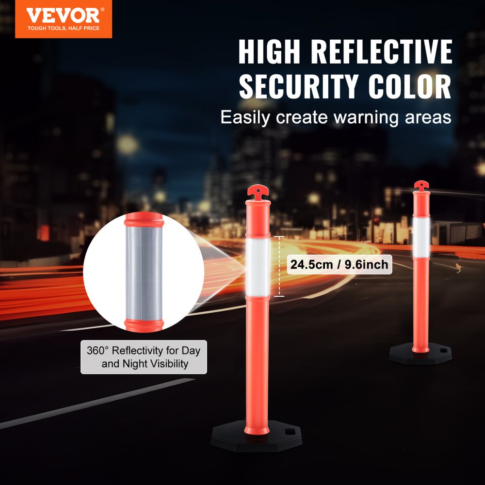 VEVOR Traffic Delineator Post Cones, 2 Pack, Traffic Safety Delineator Barrier with 16.93 x 16.93 in Rubber Base, for Traffic Control Warning Outdoor Indoor Use Parking Lot Construction Caution Roads 