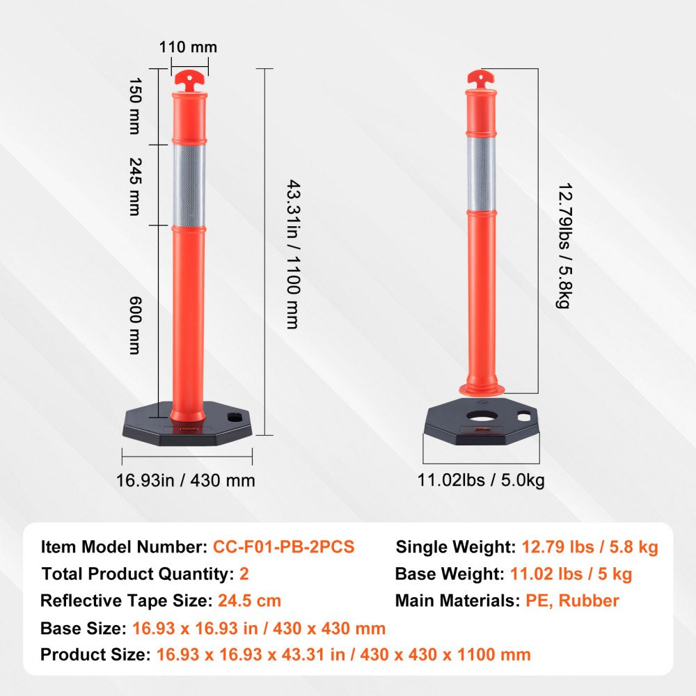 VEVOR Traffic Delineator Post Cones, 2 Pack, Traffic Safety Delineator Barrier with 16.93 x 16.93 in Rubber Base, for Traffic Control Warning Outdoor Indoor Use Parking Lot Construction Caution Roads 