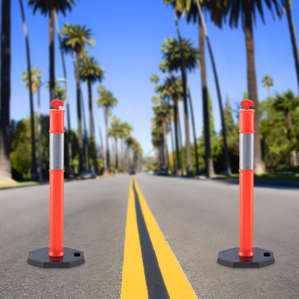 VEVOR Traffic Delineator Post Cones, 2 Pack, Traffic Safety Delineator Barrier with 16.93 x 16.93 in Rubber Base, for Traffic Control Warning Outdoor Indoor Use Parking Lot Construction Caution Roads 