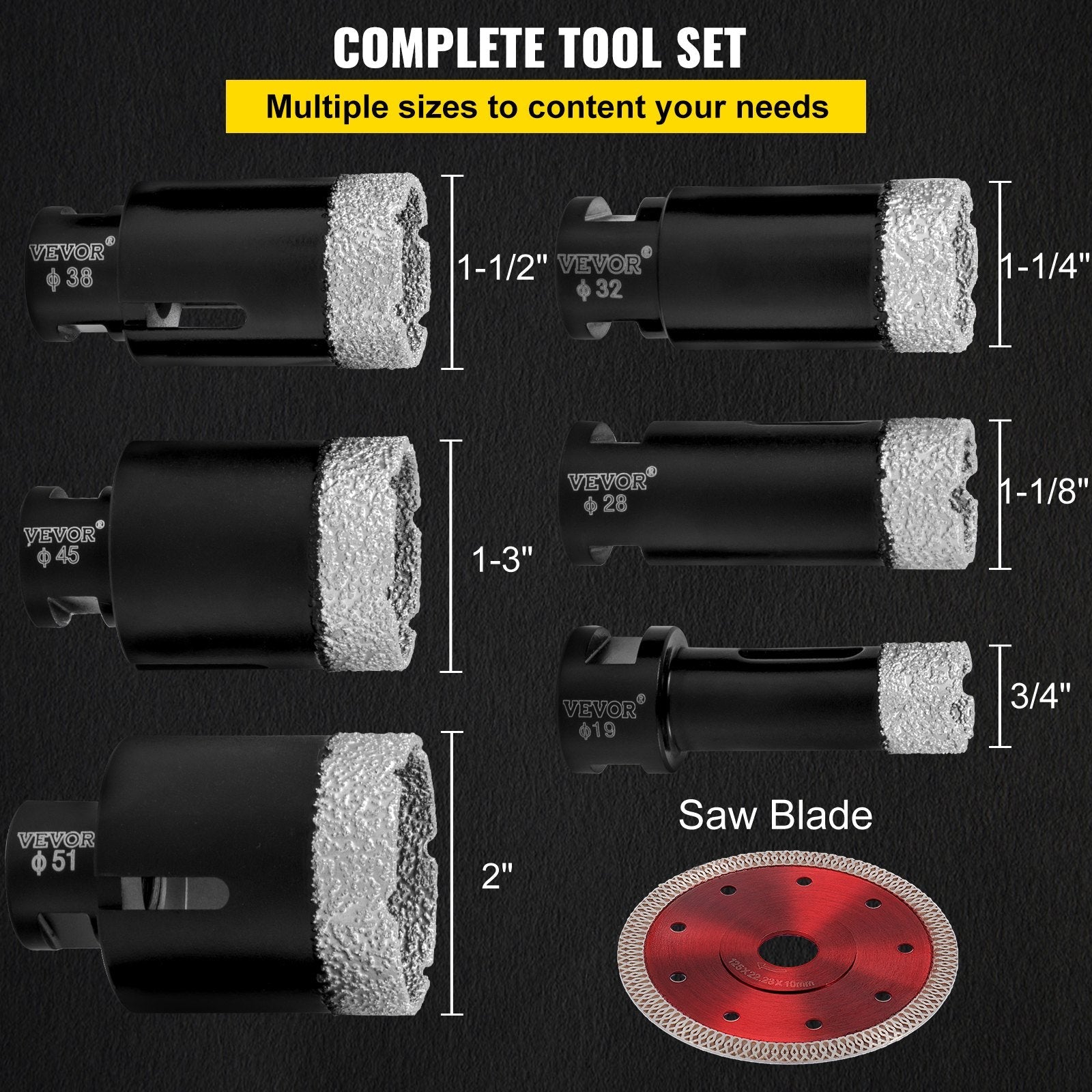 VEVOR Diamond Drill Bits 6PCS Diamond Hole Saw 19/28/32/38/45/51 mm Tile Hole Saw Kit Vacuum Brazed Diamond Drill Bit 0.59in Segment Tile Hole Saw with a Blade for Tile Ceramic Porcelain Marble 