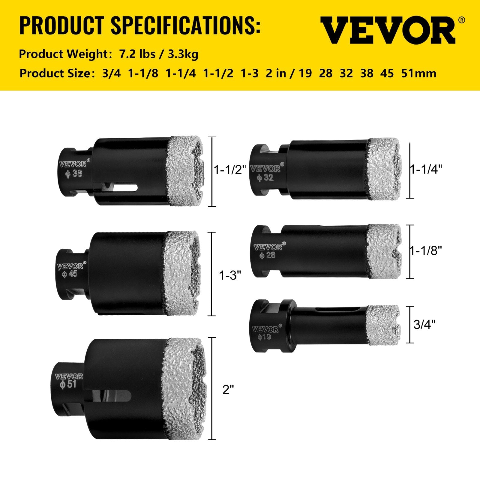 VEVOR Diamond Drill Bits 6PCS Diamond Hole Saw 19/28/32/38/45/51 mm Tile Hole Saw Kit Vacuum Brazed Diamond Drill Bit 0.59in Segment Tile Hole Saw with a Blade for Tile Ceramic Porcelain Marble 