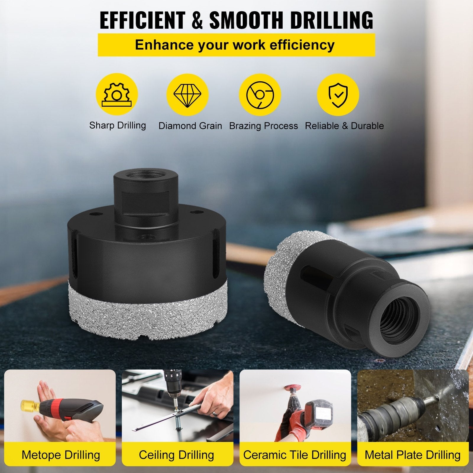 VEVOR Diamond Drill Bits 6/8/10/13/19/25/32/51 mm Diamond Hole Saw Brazed Tile 0.59in Segment Finger Bit SDS Tile Hole Saw Kit with a Blade for Tile Ceramic Porcelain Marbl 5/8\"-11 Female Thread 