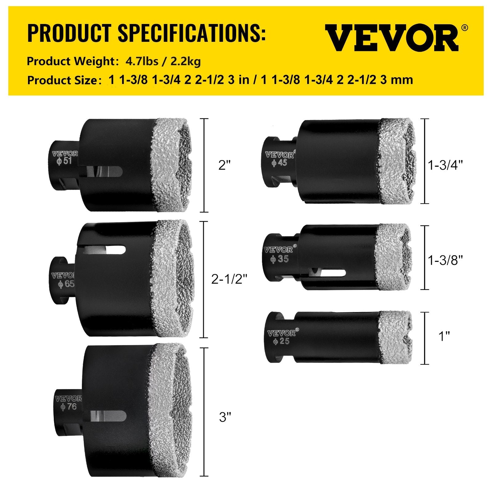 VEVOR Diamond Drill Bits 6/8/10/13/19/25/32/51 mm Diamond Hole Saw Brazed Tile 0.59in Segment Finger Bit SDS Tile Hole Saw Kit with a Blade for Tile Ceramic Porcelain Marbl 5/8\"-11 Female Thread 