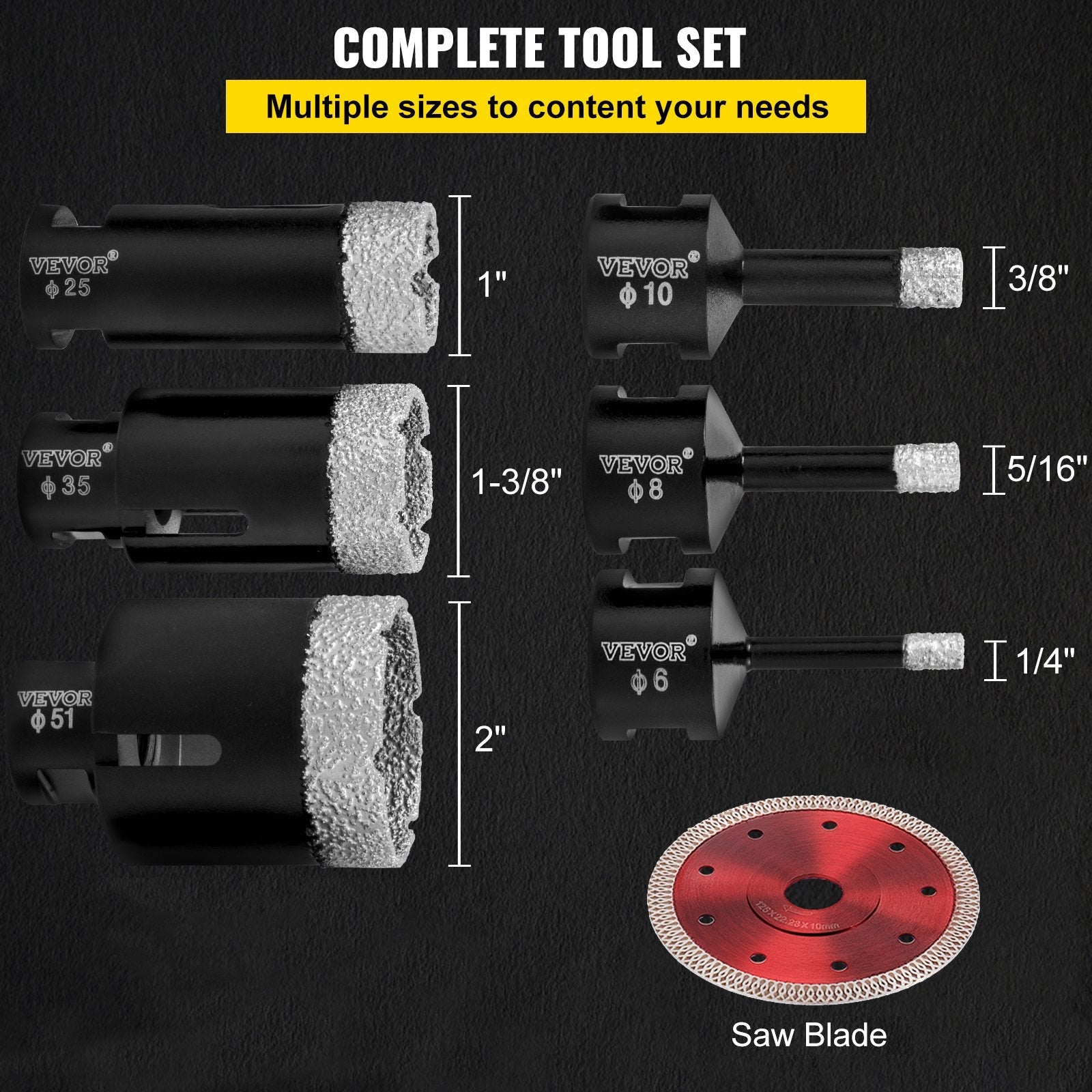 VEVOR Diamond Drill Bits 6PCS Diamond Hole Saw 6/8/10/25/35/51 mm Tile Hole Saw Kit Vacuum Brazed Diamond Drill Bit 0.59in Segment Tile Hole Saw with a Blade for Tile Ceramic Porcelain Marble Stone 