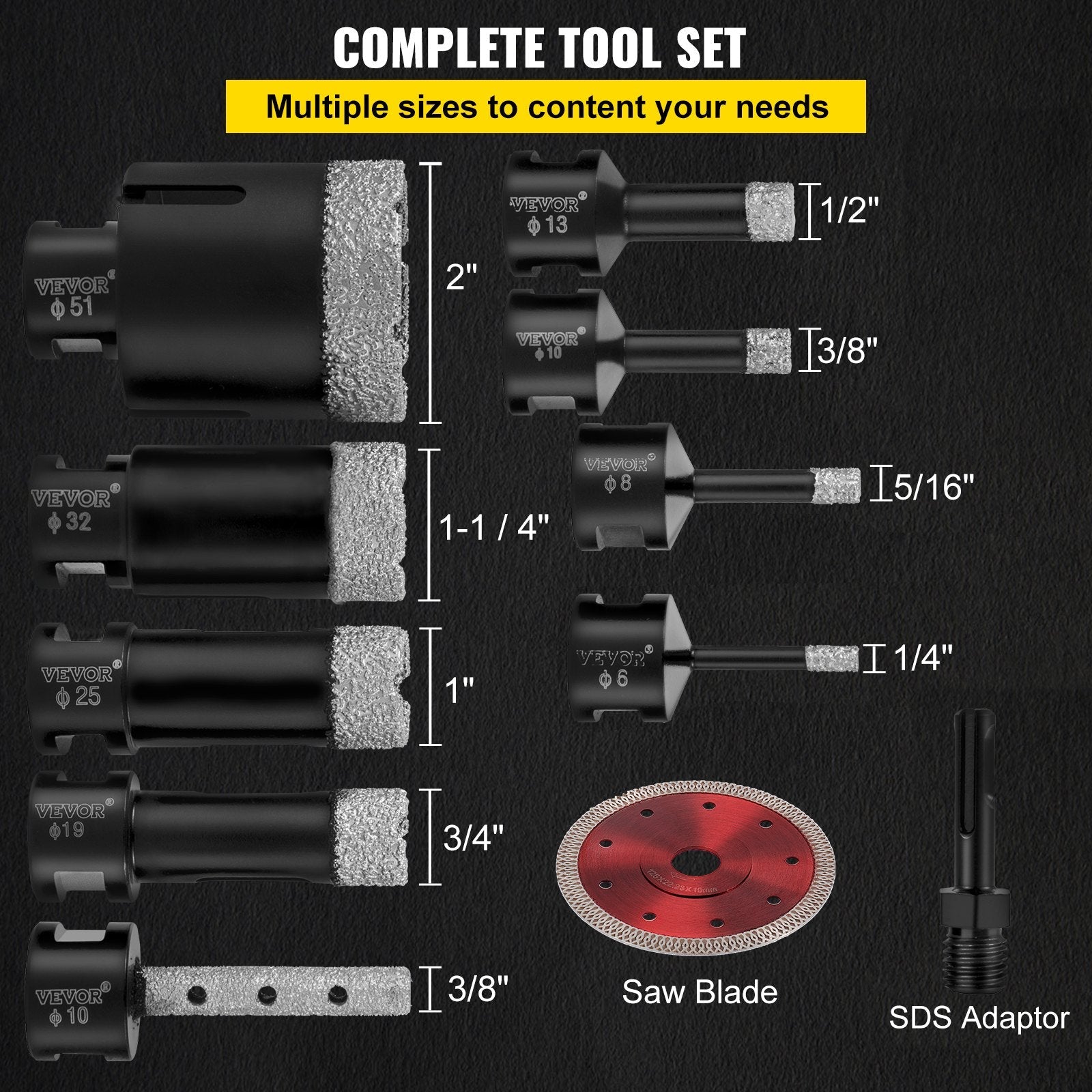 VEVOR Diamond Drill Bits 6/8/10/13/19/25/32/51 mm Diamond Hole Saw Brazed Tile Hole Saw Kit 0.59in Segment Diamond Drill Bit Finger Bit SDS Tile Hole Saw with a Blade for Tile Ceramic Porcelain Marbl 