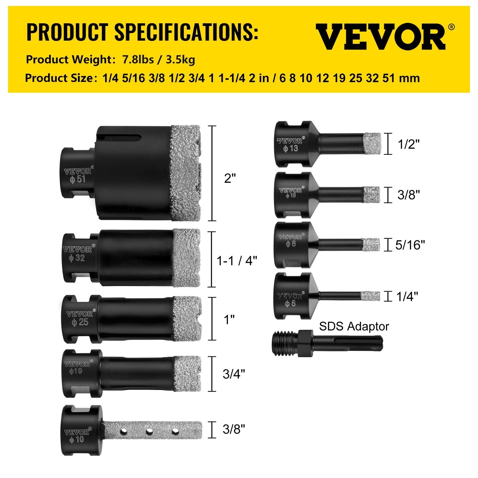 VEVOR Diamond Drill Bits 6/8/10/13/19/25/32/51 mm Diamond Hole Saw Brazed Tile Hole Saw Kit 0.59in Segment Diamond Drill Bit Finger Bit SDS Tile Hole Saw with a Blade for Tile Ceramic Porcelain Marbl 
