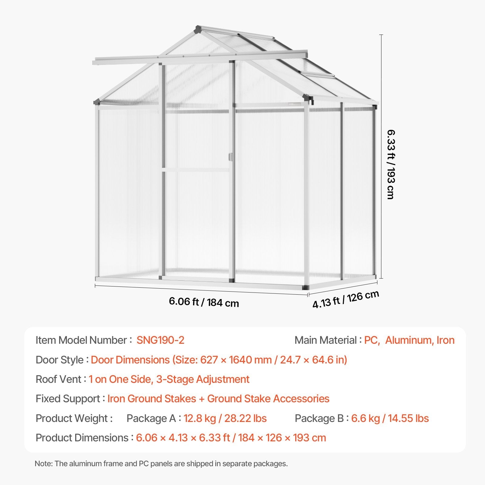 VEVOR Polycarbonate Greenhouse 6 x 4 Ft Outdoor Walk-in Greenhouse for Garden 