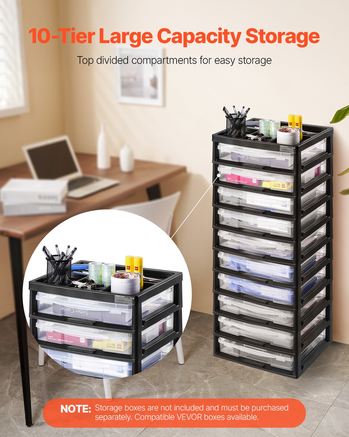 Plastic Storage Organizer 10-Tier Large Capacity with Organizer Top Black Frame 