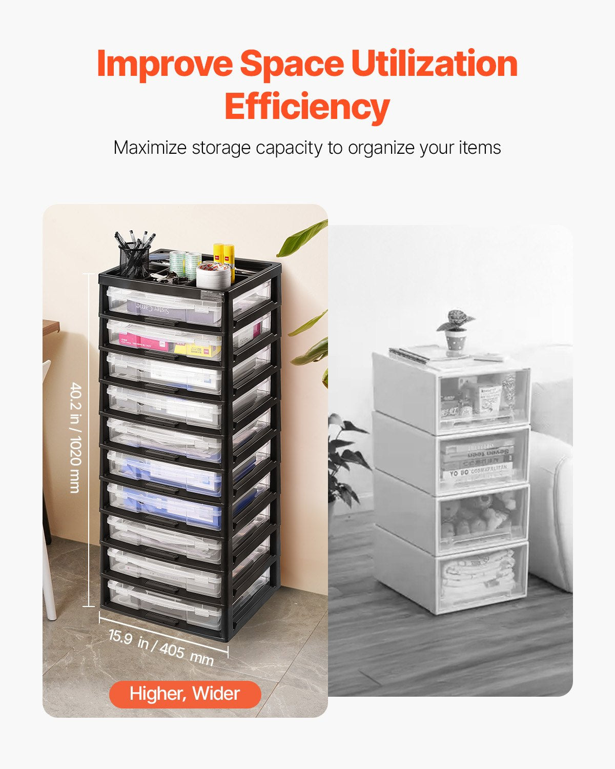 Plastic Storage Organizer 10-Tier Large Capacity with Organizer Top Black Frame 
