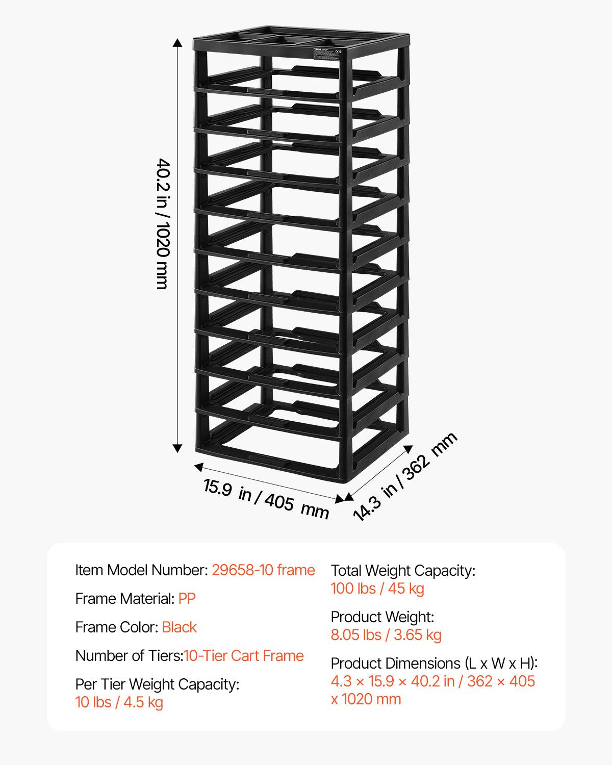 Plastic Storage Organizer 10-Tier Large Capacity with Organizer Top Black Frame 