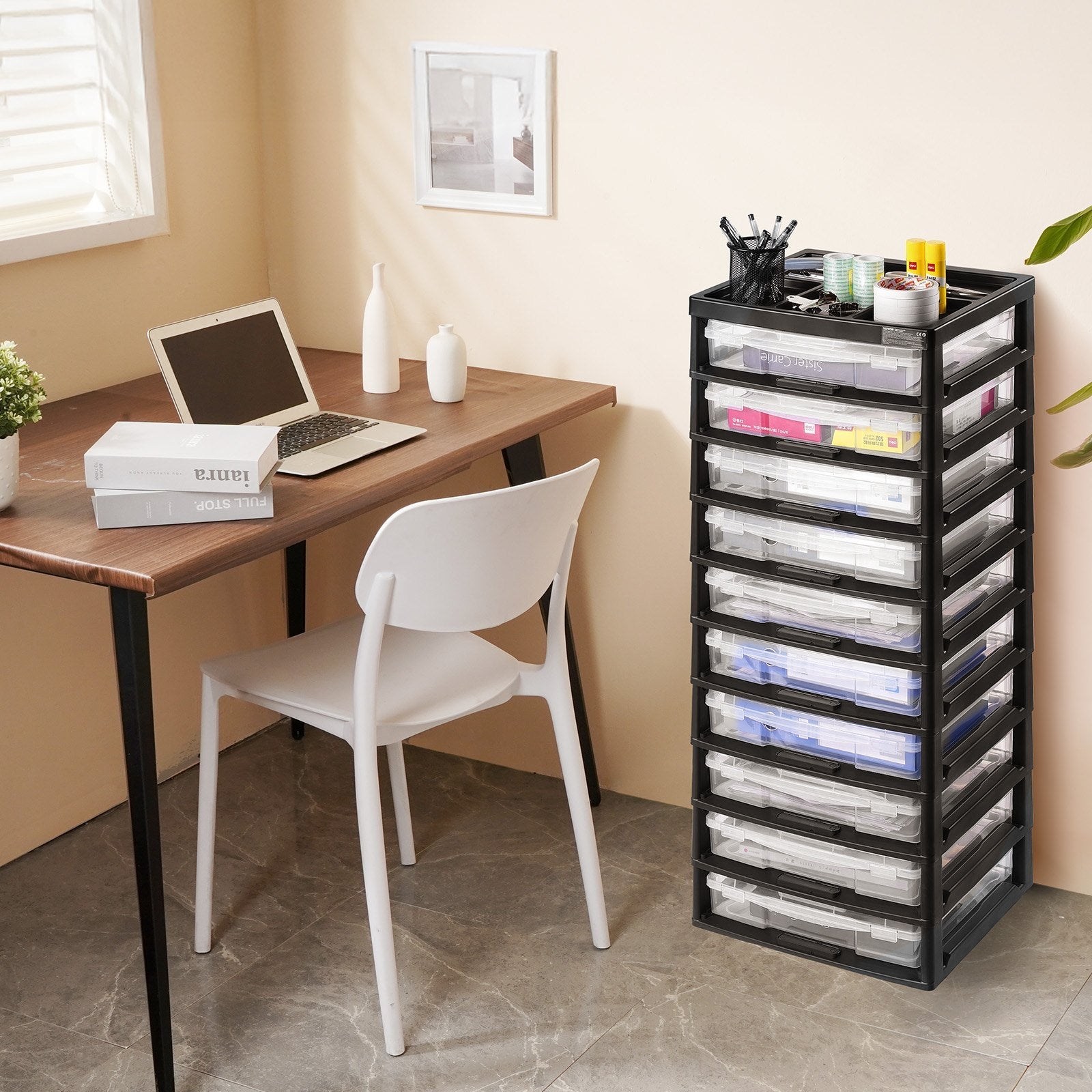 Plastic Storage Organizer 10-Tier Large Capacity with Organizer Top Black Frame 