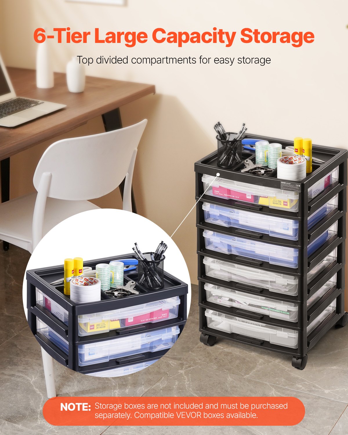 Scrapbook Rolling Storage Cart 6-Tier Large Capacity with Organizer Top Black 