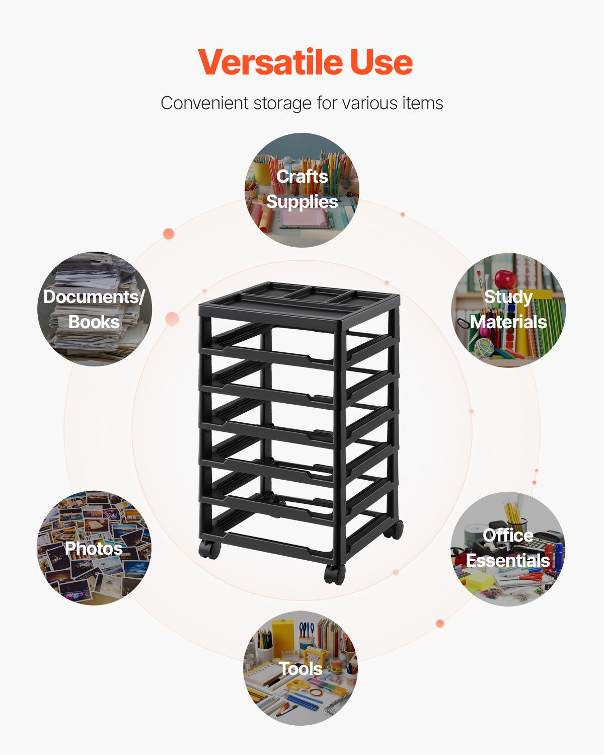 Scrapbook Rolling Storage Cart 6-Tier Large Capacity with Organizer Top Black 