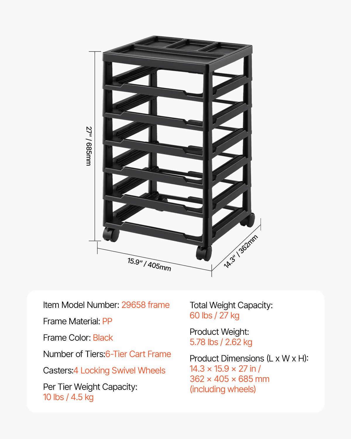 Scrapbook Rolling Storage Cart 6-Tier Large Capacity with Organizer Top Black 