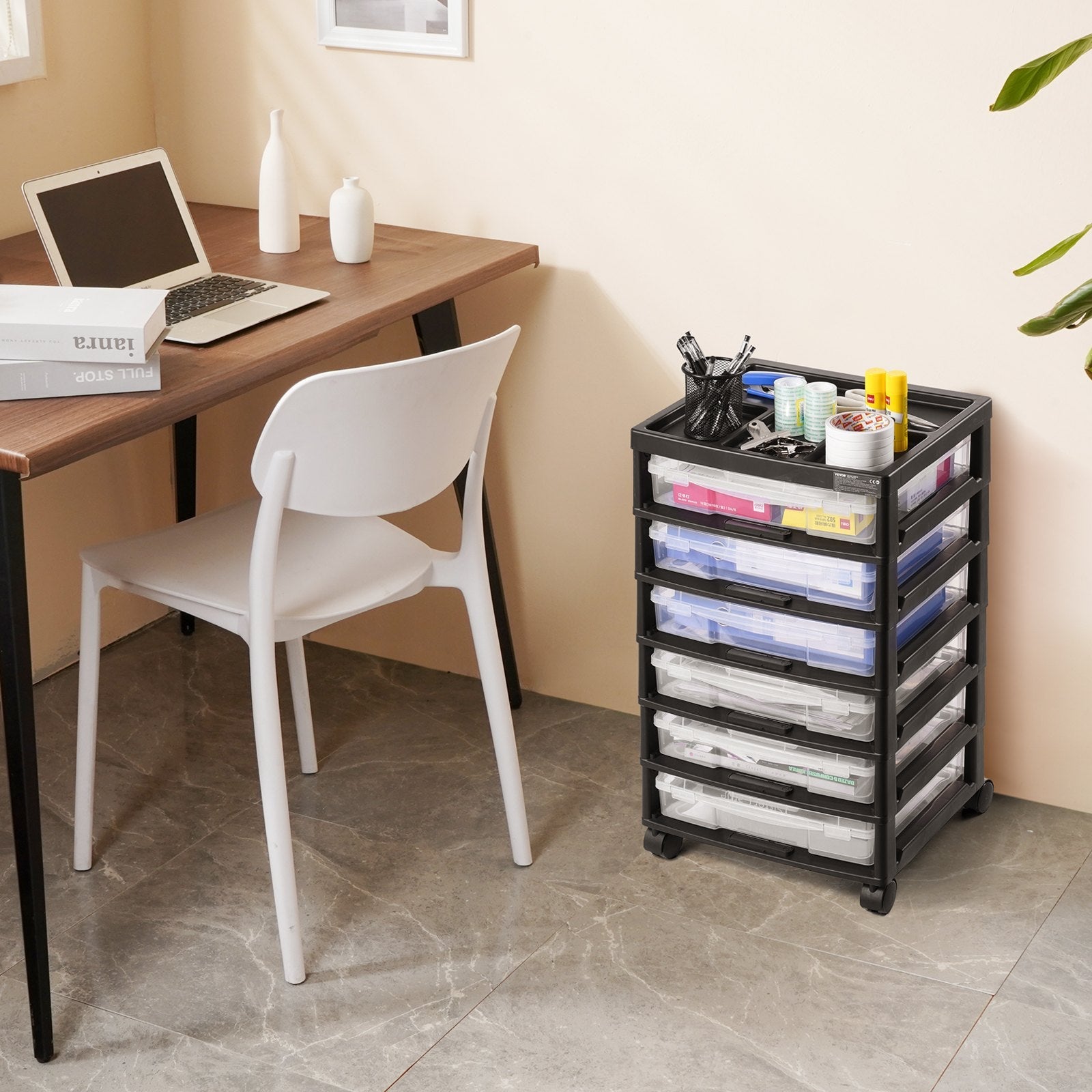 Scrapbook Rolling Storage Cart 6-Tier Large Capacity with Organizer Top Black 