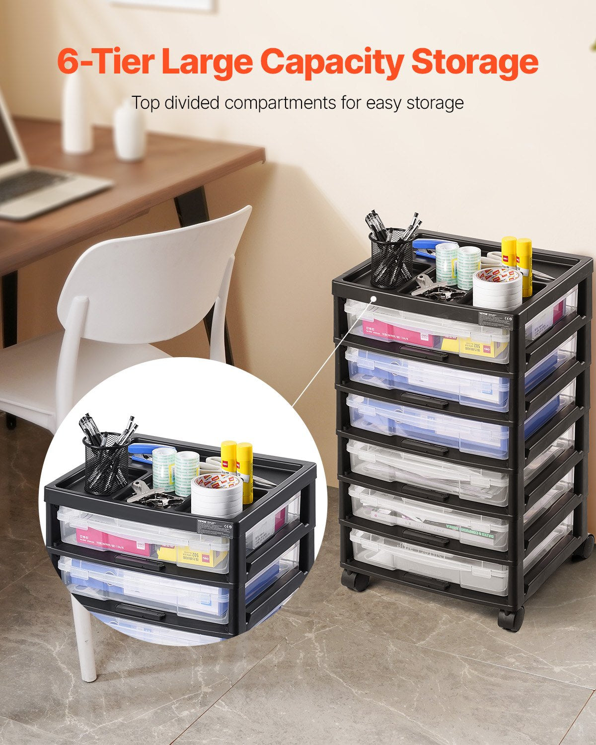 Scrapbook Rolling Storage Cart 6-Tier Large Capacity with 6 Clear Cases Black 