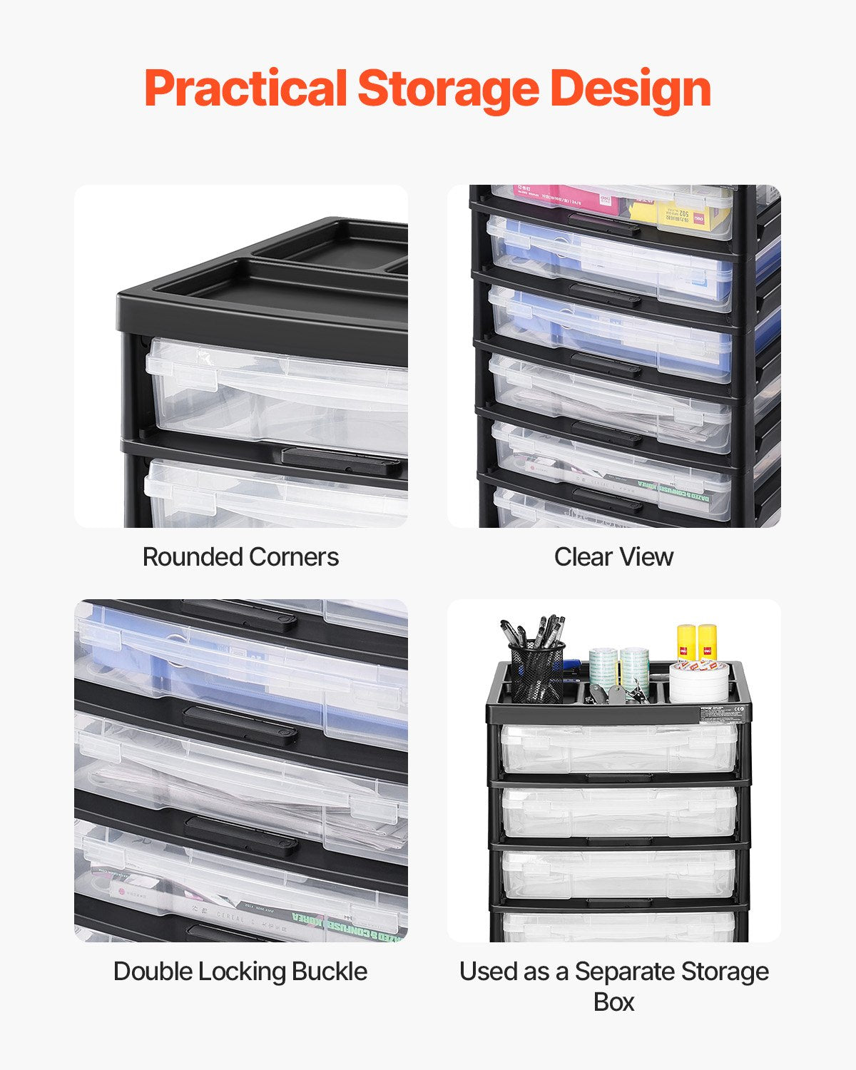 Scrapbook Rolling Storage Cart 6-Tier Large Capacity with 6 Clear Cases Black 