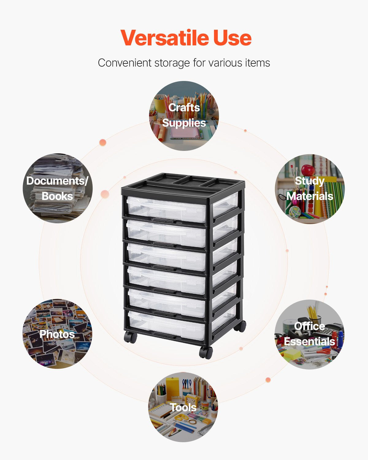 Scrapbook Rolling Storage Cart 6-Tier Large Capacity with 6 Clear Cases Black 