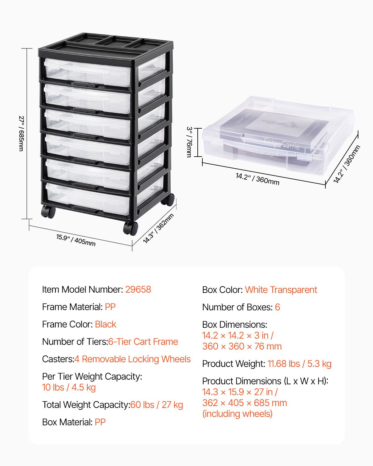 Scrapbook Rolling Storage Cart 6-Tier Large Capacity with 6 Clear Cases Black 