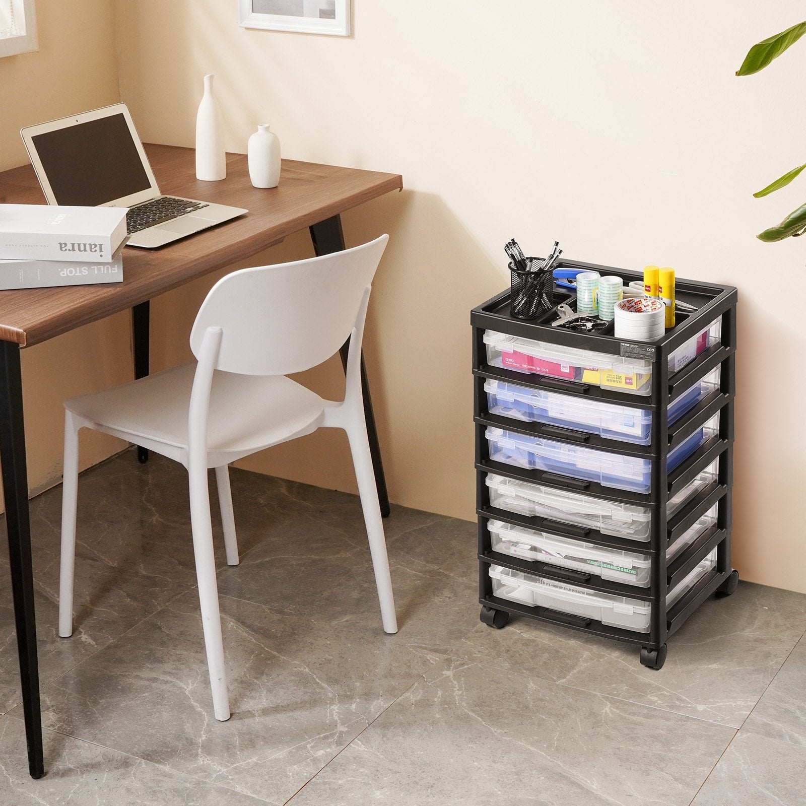 Scrapbook Rolling Storage Cart 6-Tier Large Capacity with 6 Clear Cases Black 