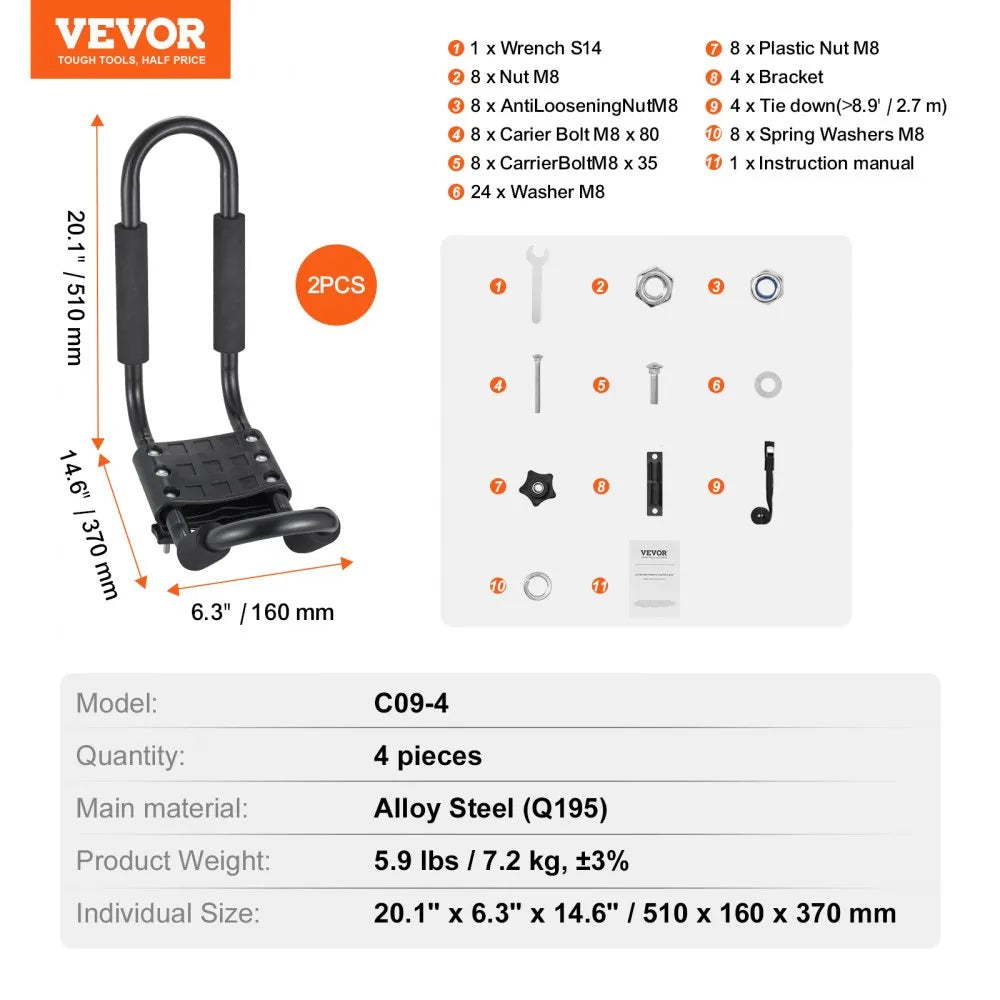VEVOR Kayak Roof Rack 2 Pairs J-Bar, Soft Roof Rack, Top Mount Tie Down, Carrier for kayak, Surf Board, Canoe, SUP, Ski Board, Mount on Car, SUV, Truck, 2 Kayaks