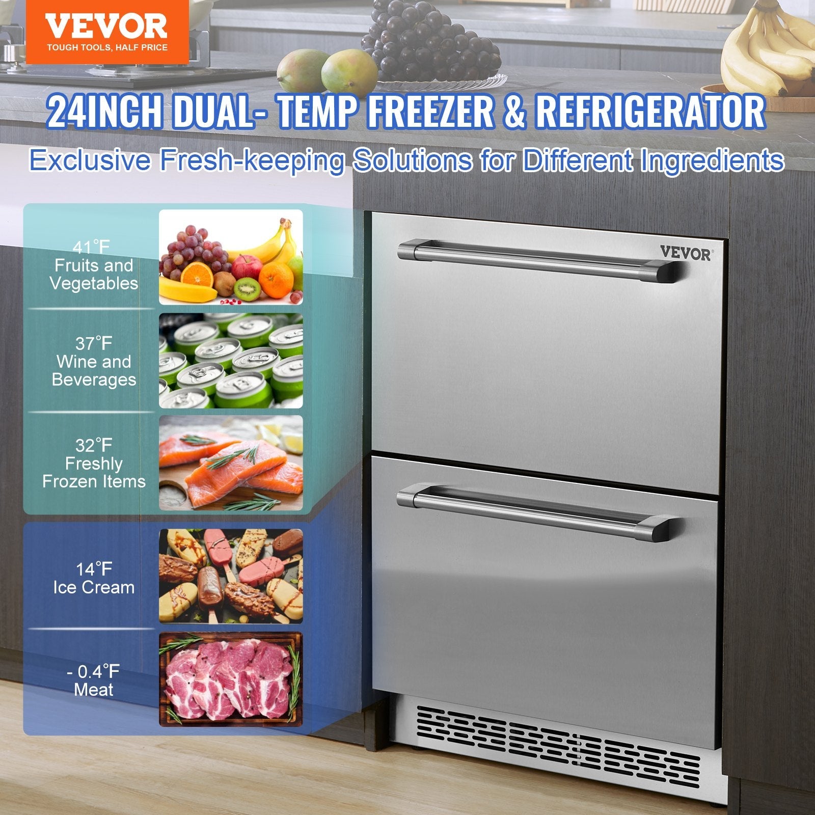 VEVOR 24 inch Undercounter Refrigerator, 2 Drawer Refrigerator with Different Temperature, 4.87 Cu.ft. Capacity, Waterproof Indoor and Outdoor Under Counter Freezer Fridge for Home and Commercial Use 