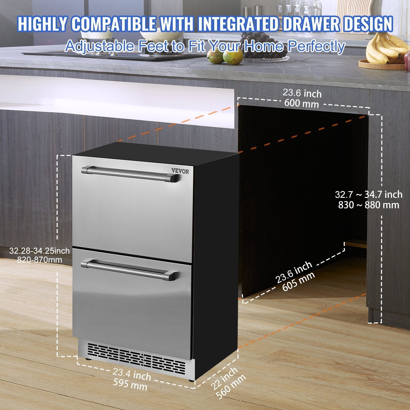 VEVOR 24 inch Undercounter Refrigerator, 2 Drawer Refrigerator with Different Temperature, 4.87 Cu.ft. Capacity, Waterproof Indoor and Outdoor Under Counter Freezer Fridge for Home and Commercial Use 