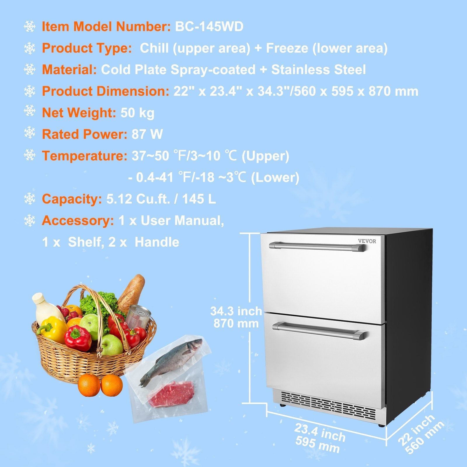 VEVOR 24 inch Undercounter Refrigerator, 2 Drawer Refrigerator with Different Temperature, 4.87 Cu.ft. Capacity, Waterproof Indoor and Outdoor Under Counter Freezer Fridge for Home and Commercial Use 