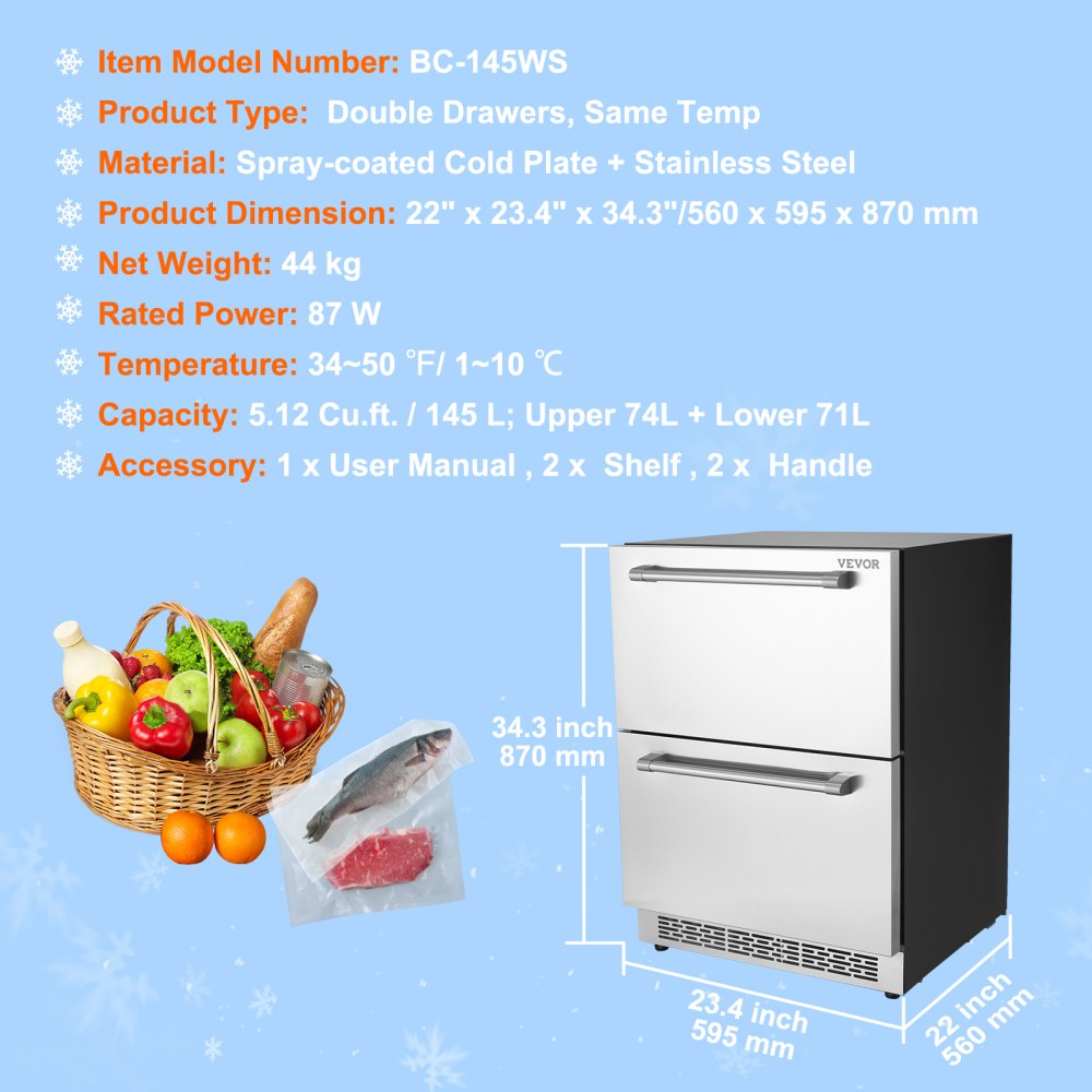 VEVOR 24" Undercounter Refrigerator, 2 Drawer Built-in Beverage Refrigerator with Touch Panel, 5.12 Cu.ft. Capacity, Waterproof Indoor and Outdoor Under Counter Fridge for Home and Commercial Use 