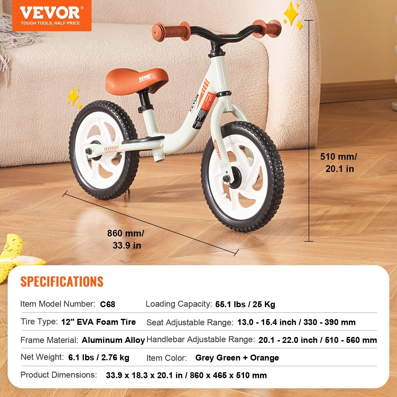 VEVOR Toddler Balance Bike, Lightweight Aluminum Alloy Balance Bicycle for Kids, with Adjustable Seat & Handlebar, 12" EVA Foam Tires, No Pedal Kids Bicycle Gift for 1-5 Years Boys Girls, 55LBS Suppor 