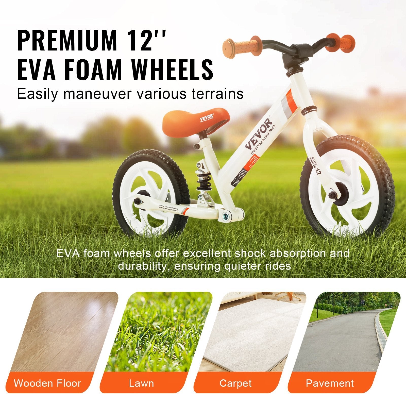VEVOR Toddler Balance Bike, Carbon Steel Balance Bicycle for Kids with Adjustable Seat & Handlebar, 12" EVA Foam Tires, No Pedal Balance Bicycle Gift for 1-5 Years Boys Girls, 55LBS Support 