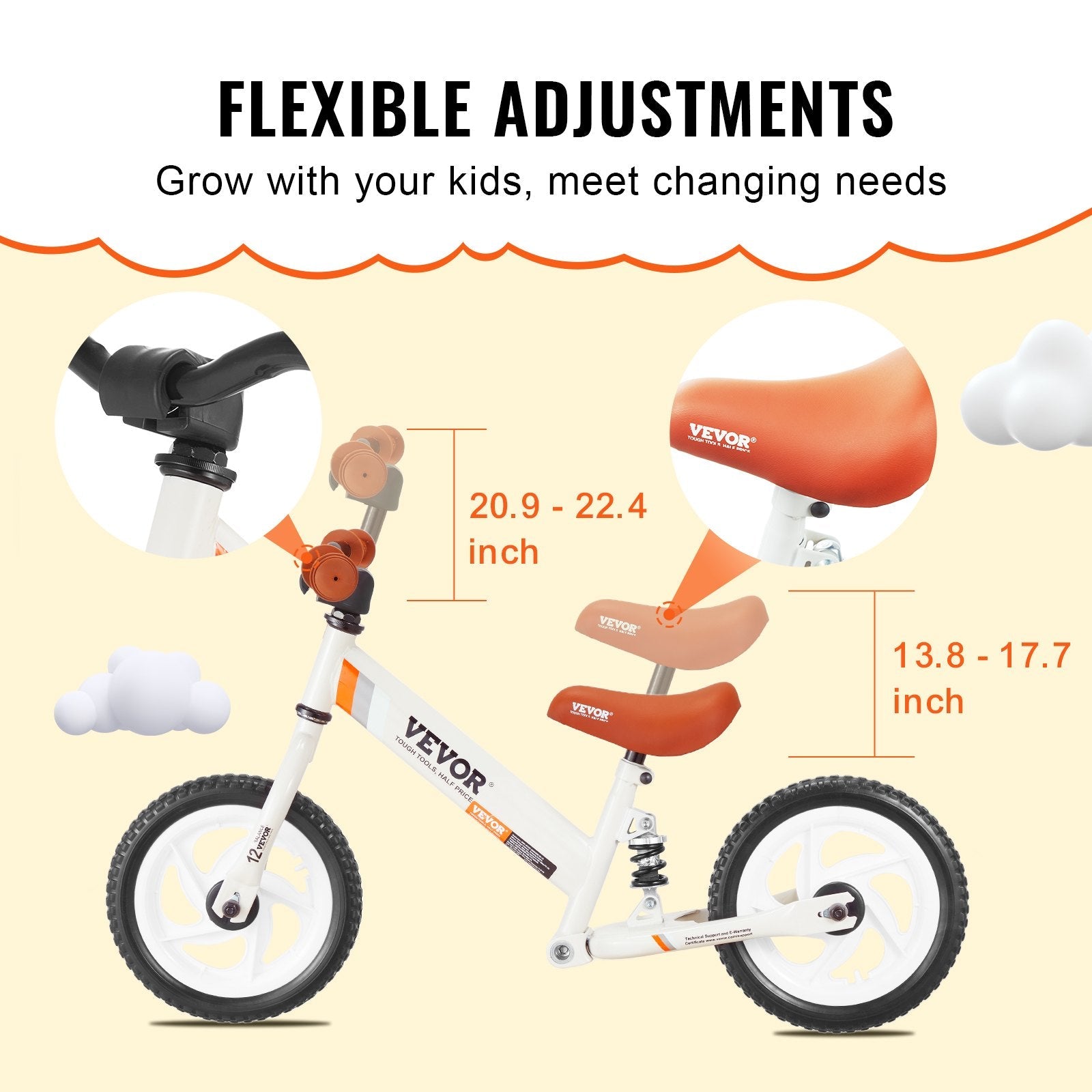 VEVOR Toddler Balance Bike, Carbon Steel Balance Bicycle for Kids with Adjustable Seat & Handlebar, 12" EVA Foam Tires, No Pedal Balance Bicycle Gift for 1-5 Years Boys Girls, 55LBS Support 