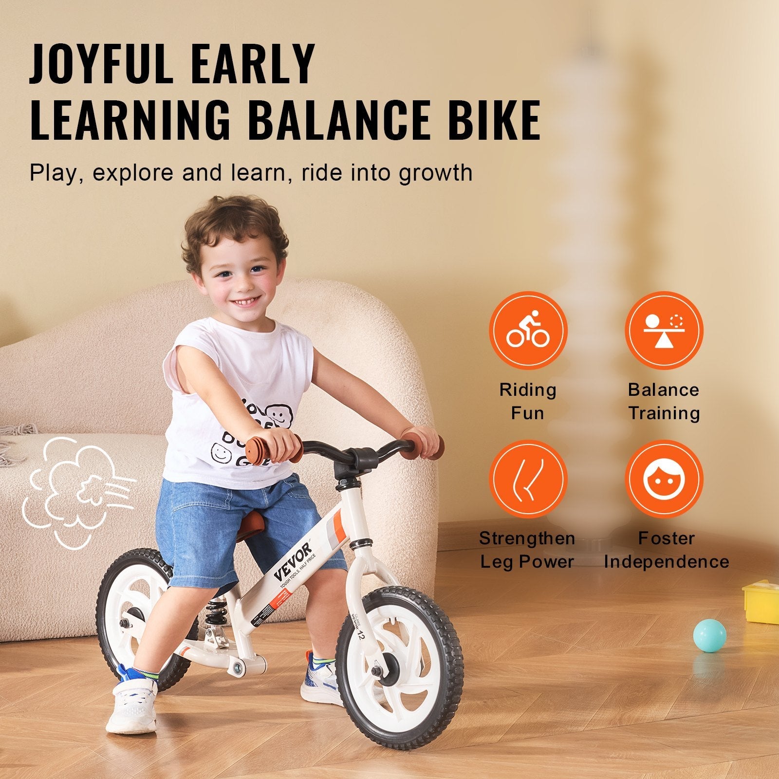 VEVOR Toddler Balance Bike, Carbon Steel Balance Bicycle for Kids with Adjustable Seat & Handlebar, 12" EVA Foam Tires, No Pedal Balance Bicycle Gift for 1-5 Years Boys Girls, 55LBS Support 
