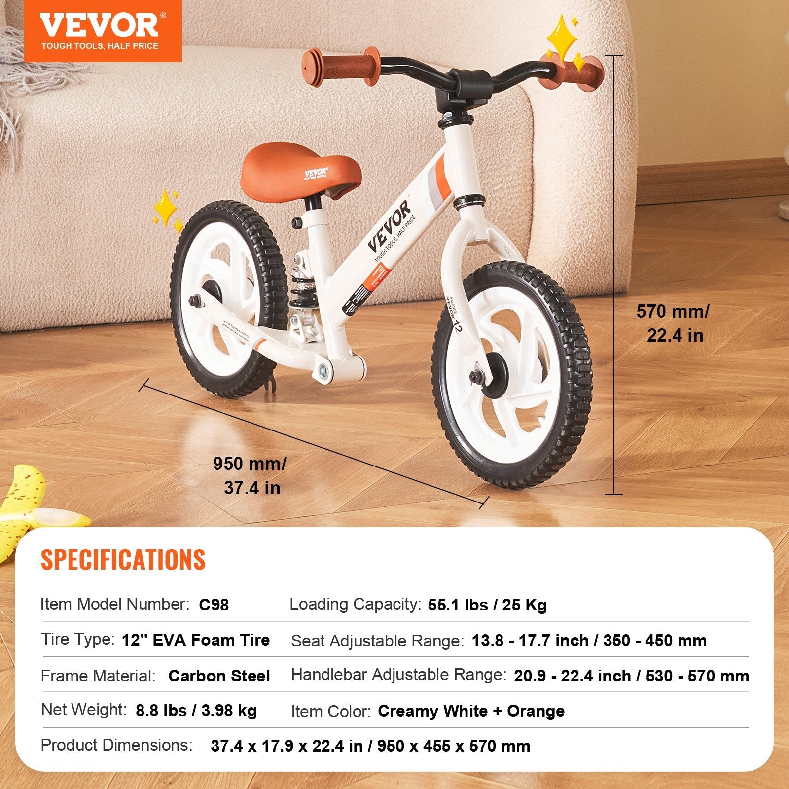 VEVOR Toddler Balance Bike, Carbon Steel Balance Bicycle for Kids with Adjustable Seat & Handlebar, 12" EVA Foam Tires, No Pedal Balance Bicycle Gift for 1-5 Years Boys Girls, 55LBS Support 