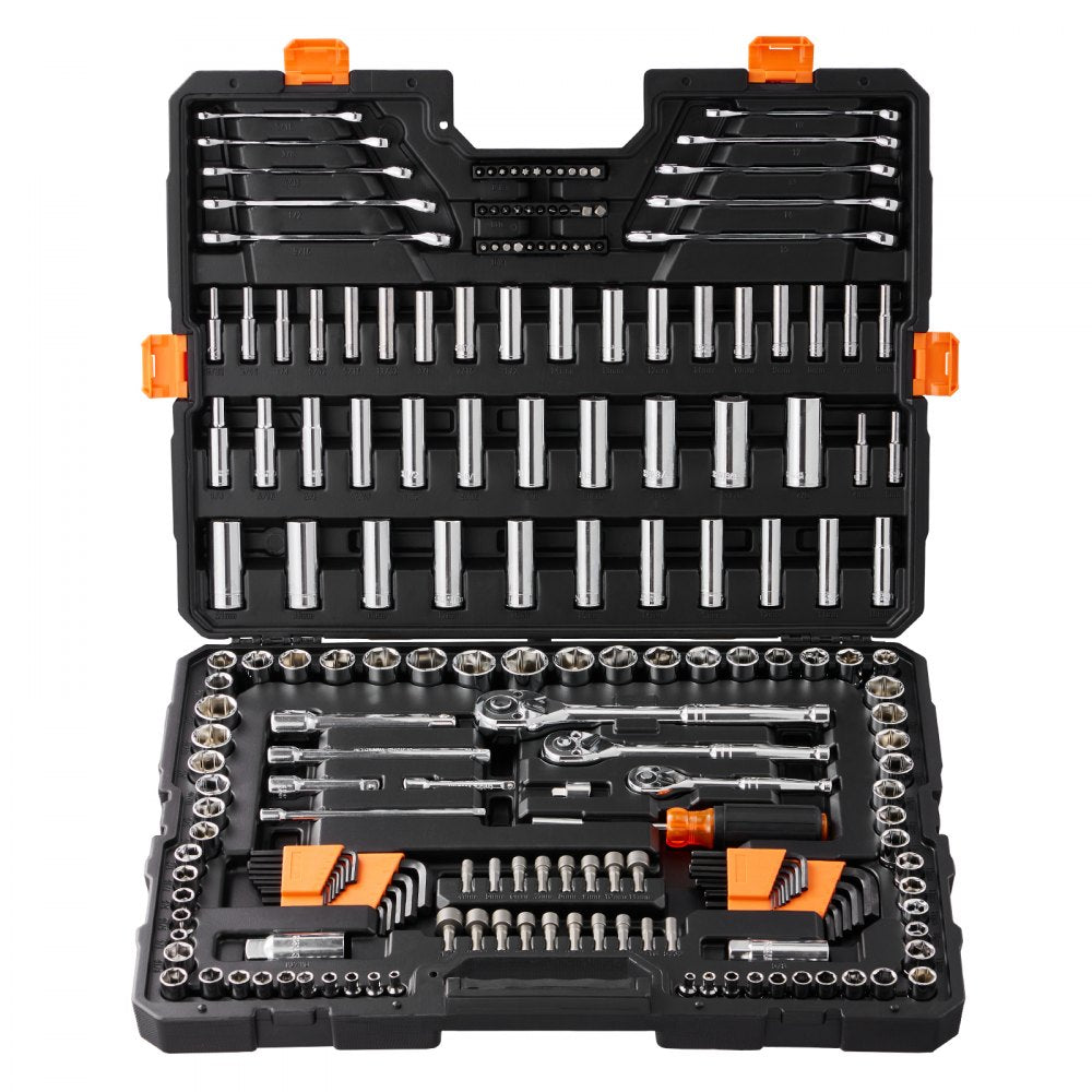 VEVOR Mechanics Tool Set and Socket Set, 1/4" 3/8" 1/2" Drive Deep and Standard Sockets, 205 Pcs SAE and Metric Mechanic Tool Kit with Bits, Combination Wrench, Hex Wrenches, Accessories, Storage Case 