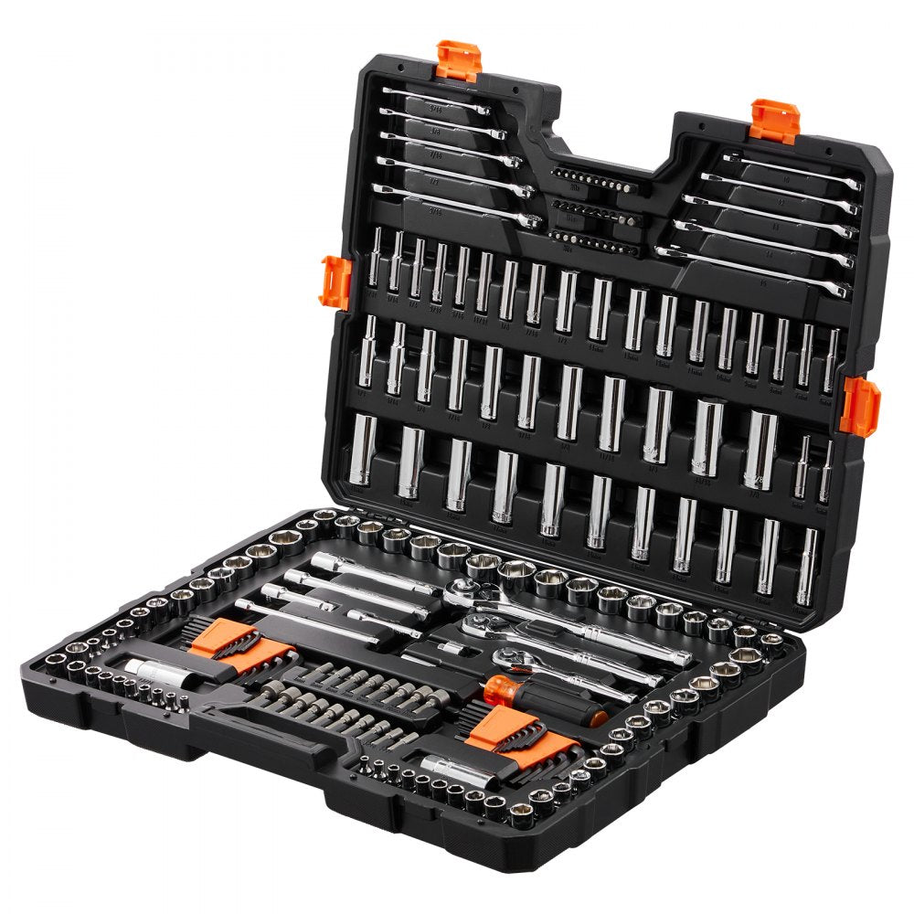 VEVOR Mechanics Tool Set and Socket Set, 1/4" 3/8" 1/2" Drive Deep and Standard Sockets, 205 Pcs SAE and Metric Mechanic Tool Kit with Bits, Combination Wrench, Hex Wrenches, Accessories, Storage Case 