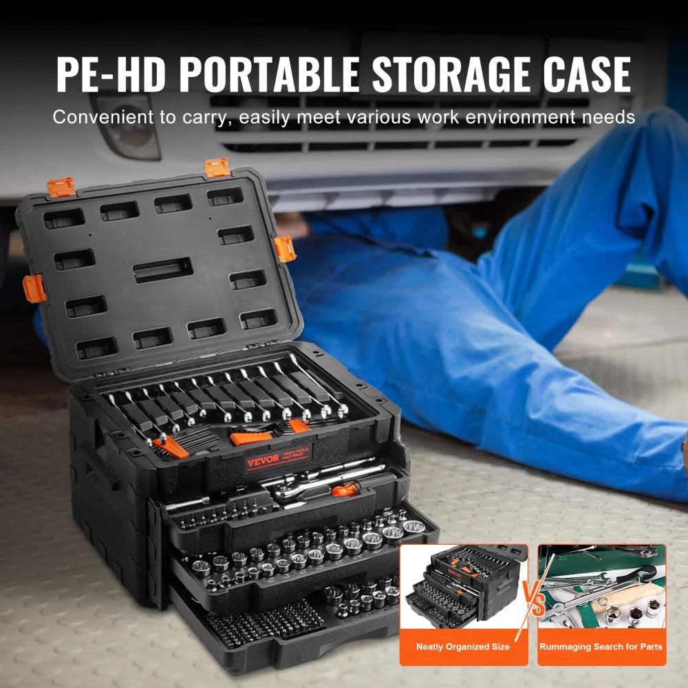 VEVOR Mechanics Tool Set and Socket Set, 1/4" 3/8" 1/2" Drive Deep and Standard Sockets, 450 Pcs SAE and Metric Mechanic Tool Kit with Bits, Combination Wrench, Hex Wrenches, Accessories, Storage Case