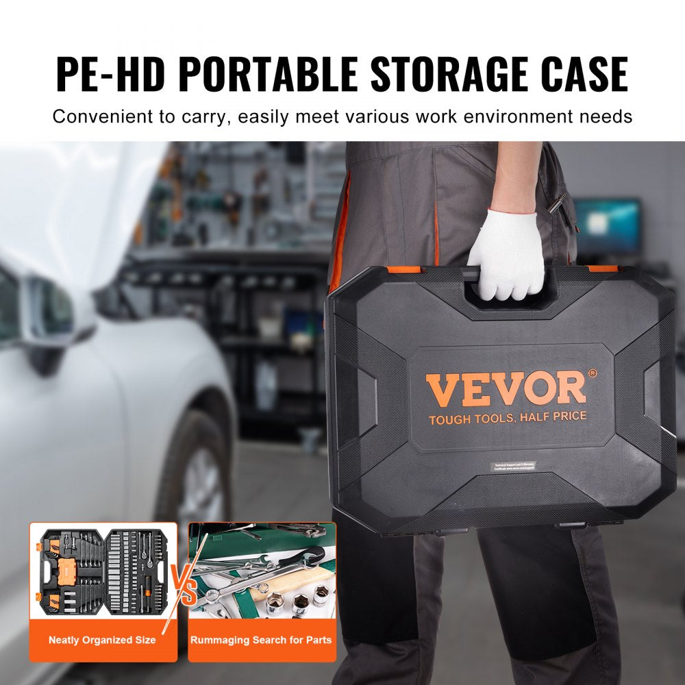 VEVOR Mechanics Tool Set and Socket Set, 1/4" and 3/8" Drive Deep and Standard Sockets, 145 Pcs SAE and Metric Mechanic Tool Kit with Bits, Combination Wrench, Hex Wrenches, Accessories, Storage Case 