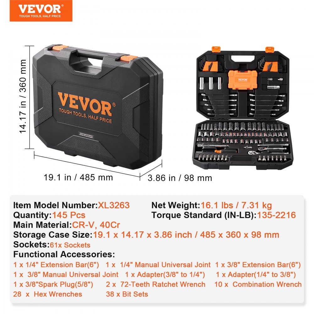 VEVOR Mechanics Tool Set and Socket Set, 1/4" and 3/8" Drive Deep and Standard Sockets, 145 Pcs SAE and Metric Mechanic Tool Kit with Bits, Combination Wrench, Hex Wrenches, Accessories, Storage Case 