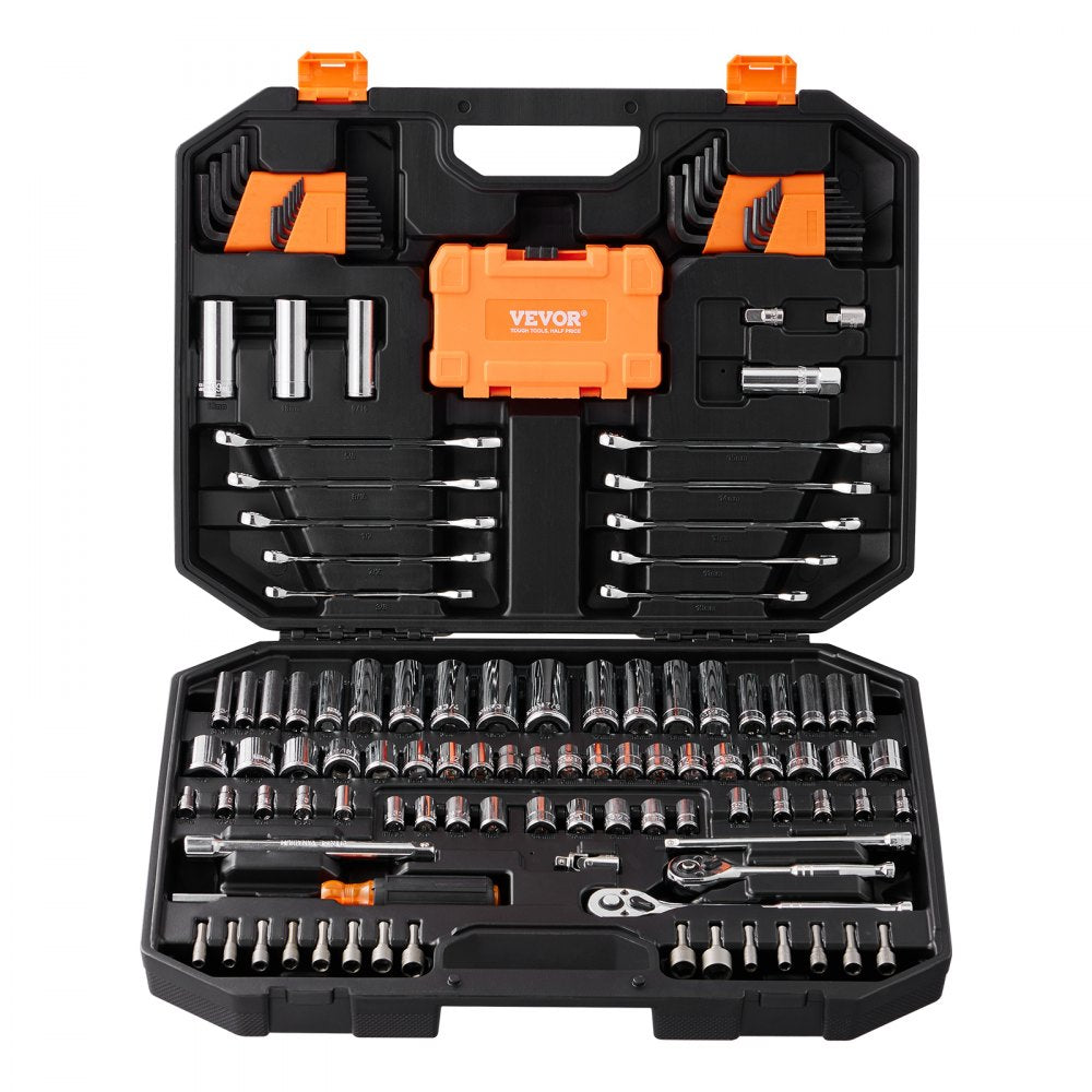 VEVOR Mechanics Tool Set and Socket Set, 1/4" and 3/8" Drive Deep and Standard Sockets, 145 Pcs SAE and Metric Mechanic Tool Kit with Bits, Combination Wrench, Hex Wrenches, Accessories, Storage Case 