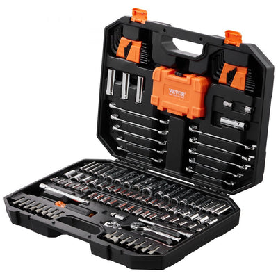 VEVOR Mechanics Tool Set and Socket Set, 1/4" and 3/8" Drive Deep and Standard Sockets, 145 Pcs SAE and Metric Mechanic Tool Kit with Bits, Combination Wrench, Hex Wrenches, Accessories, Storage Case 