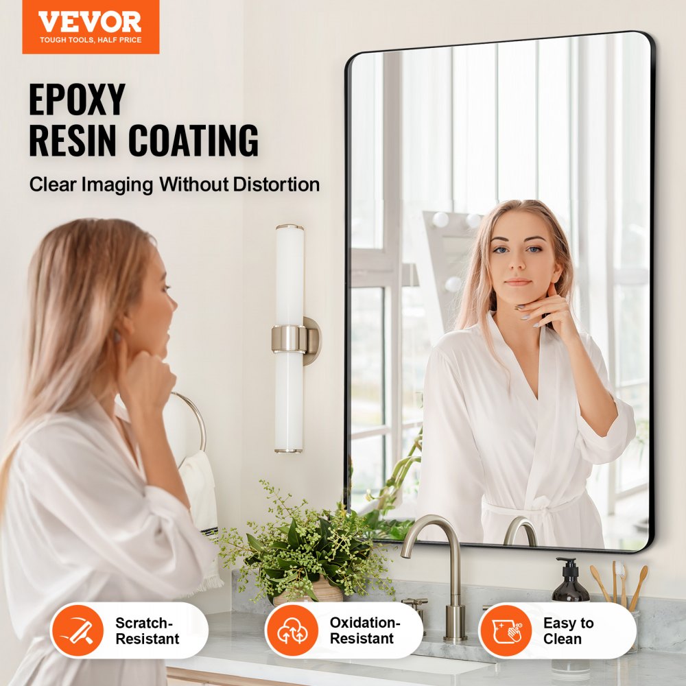 VEVOR Square Wall Mounted Mirror 24" x 36" Mirror with Aluminium Alloy Frame 