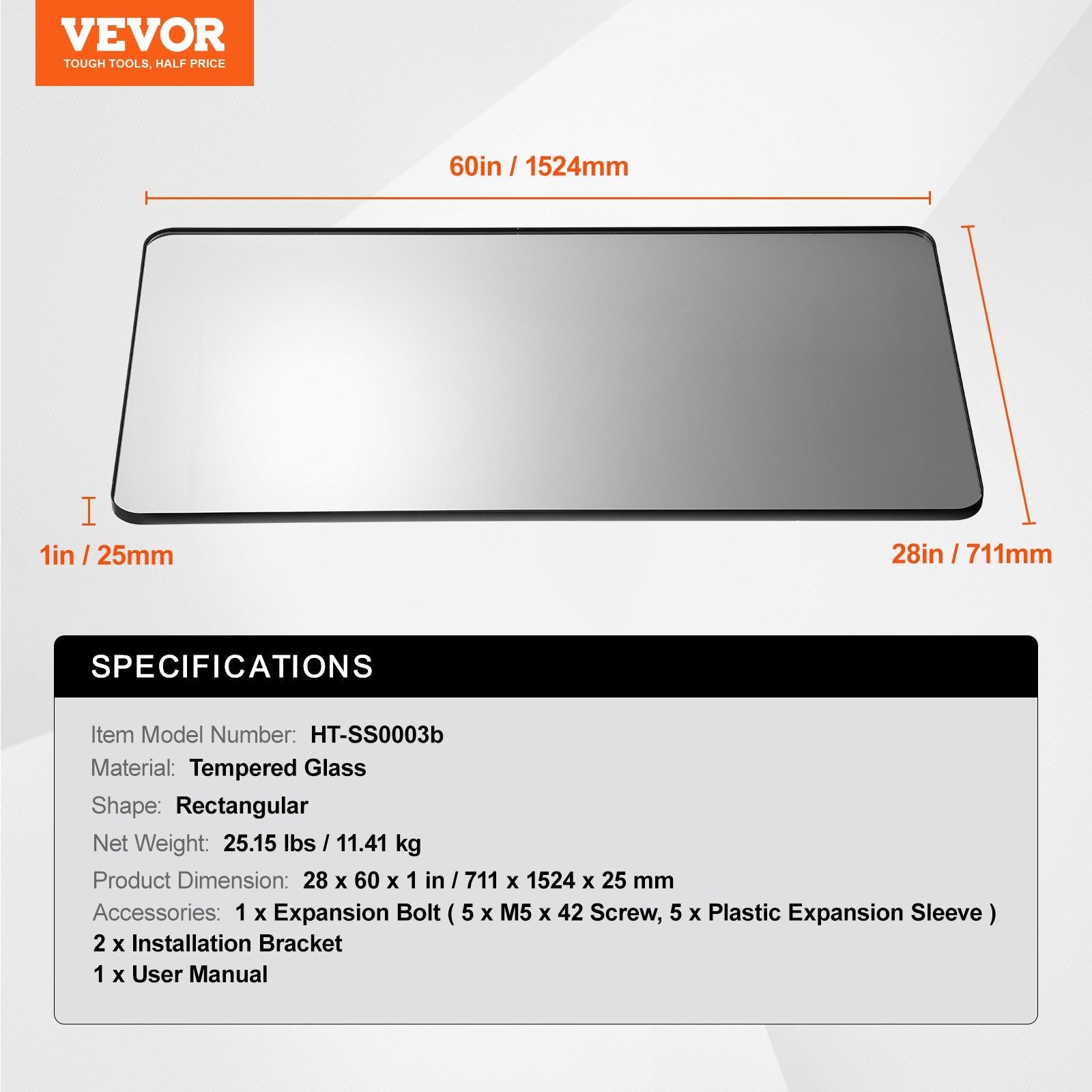VEVOR Square Wall Mounted Mirror 28" x 60" Mirror with Aluminium Alloy Frame 