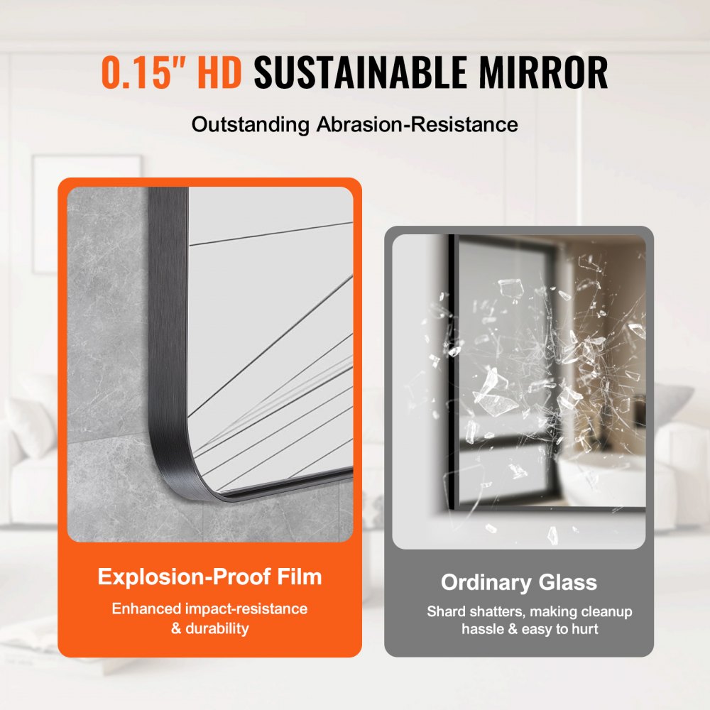VEVOR Square Wall Mounted Mirror 30" x 48" Mirror with Aluminium Alloy Frame 