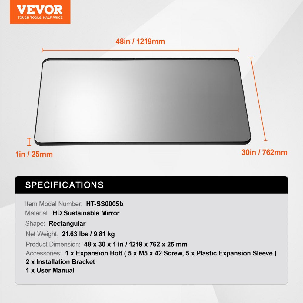 VEVOR Square Wall Mounted Mirror 30" x 48" Mirror with Aluminium Alloy Frame 