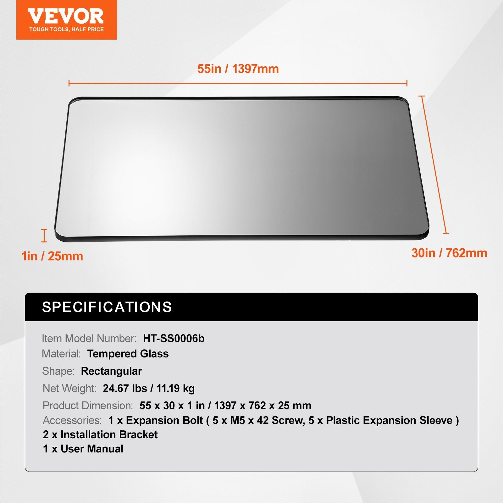 VEVOR Square Wall Mounted Mirror 30" x 55" Mirror with Aluminium Alloy Frame 